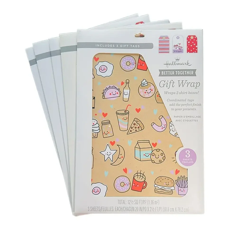 Hallmark Valentines Day 5-Pack Gift Wrap Sheets/Tags Better Together New